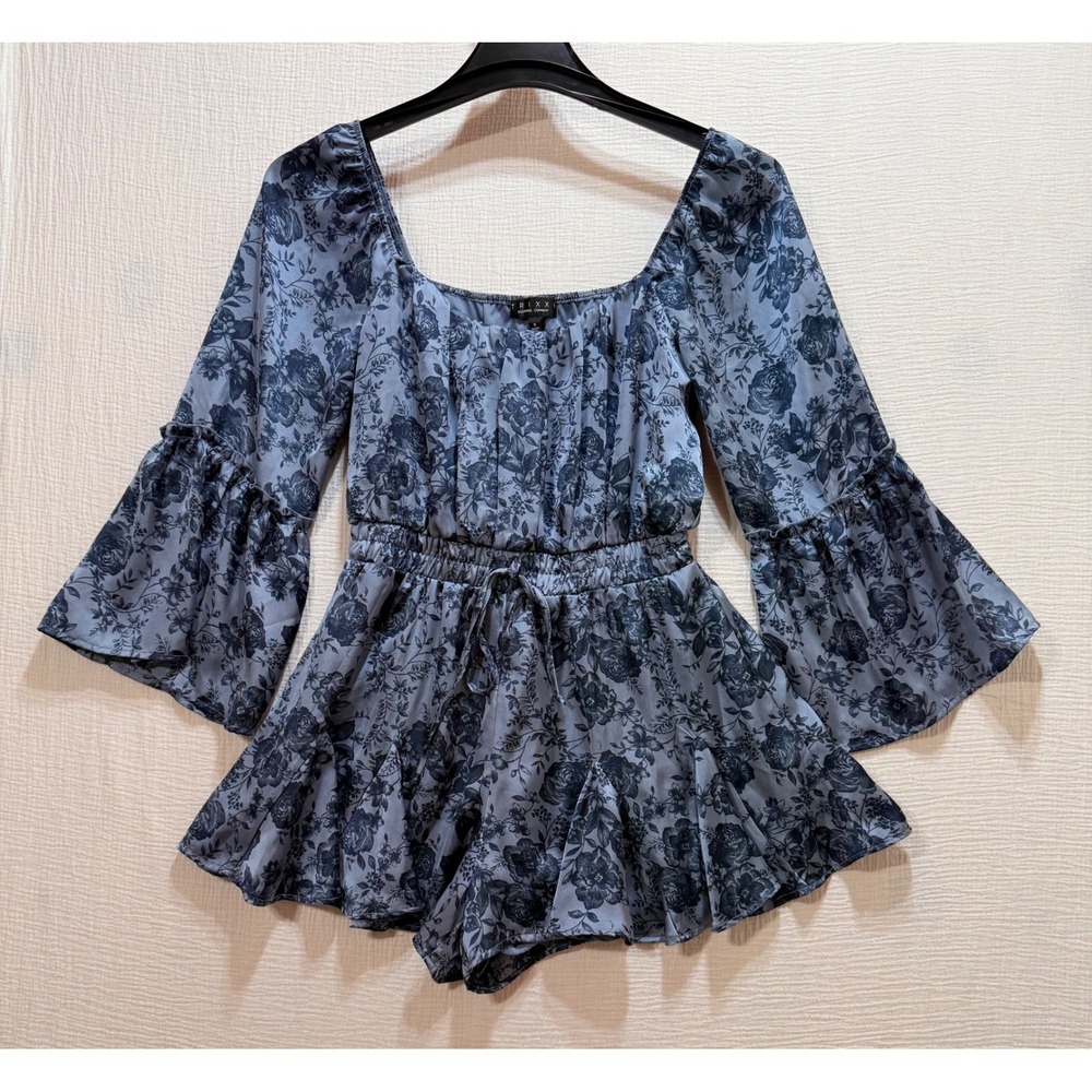 Trixx Floral‎ Romper Womens Small Blue Bell Sleeve Boho Fairycore